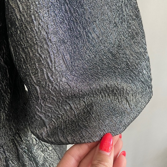 H&M silver metallic tie front top bubble sleeve blouse peplum pewter medium - Picture 7 of 17